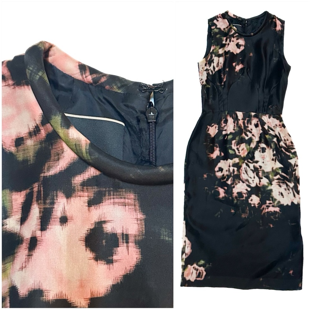 Paul Smith Silk Floral Tailored Fit Sleeveless Black Sheath Midi Dress